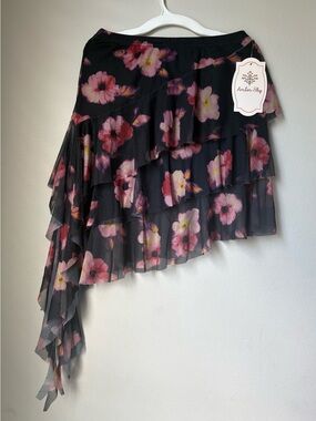 Amber Sky S Black Floral Mesh Ruffle Asymmetrical Skirt